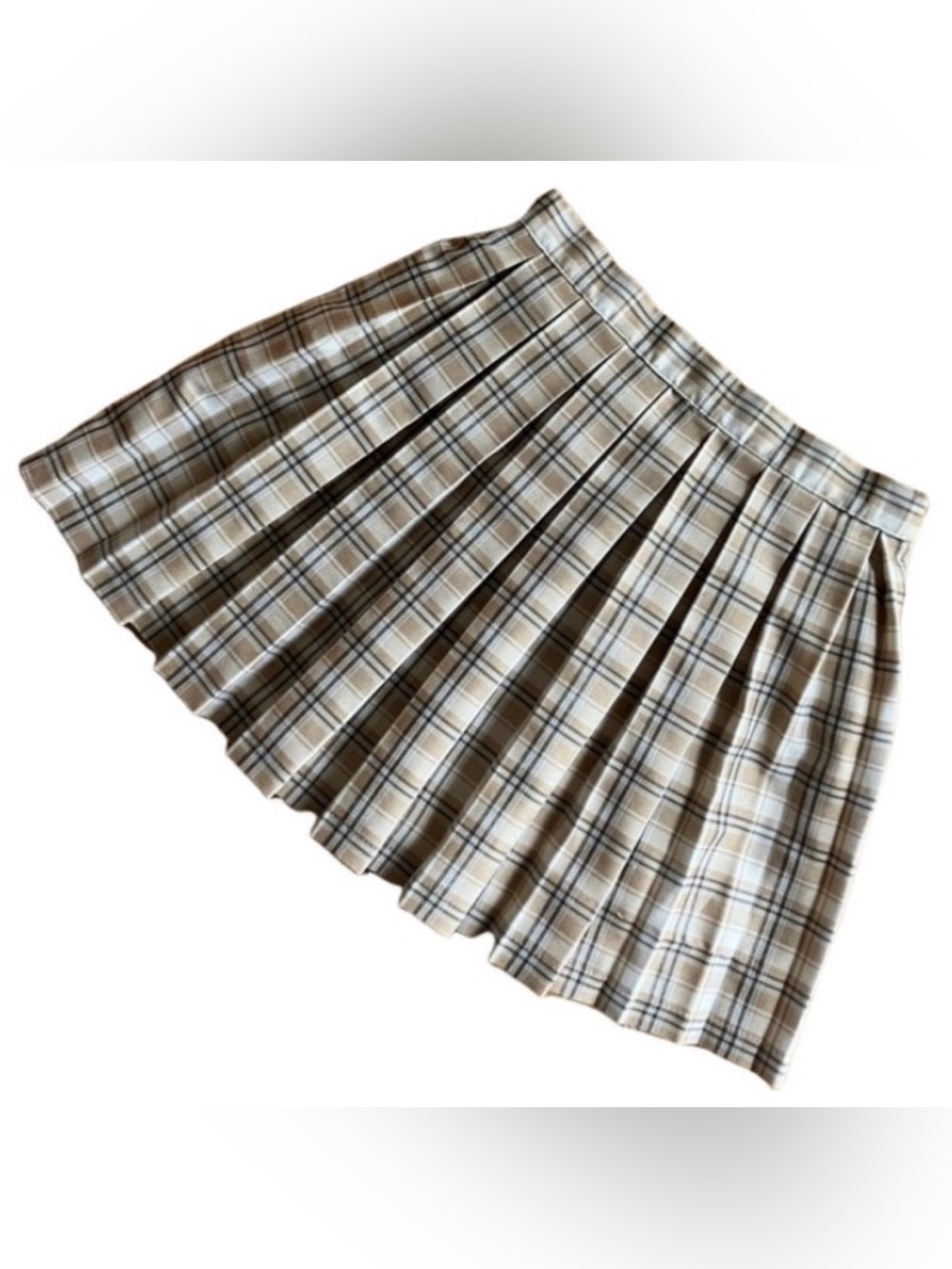 cali 1850 LA XS Tan Brown Ivory Plaid Pleated Uniform Tennis Mini Skirt